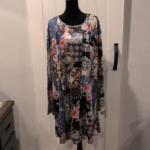 Women’s 4X Boho Patchwork Floral Long Sleeve Loose Fit Dress